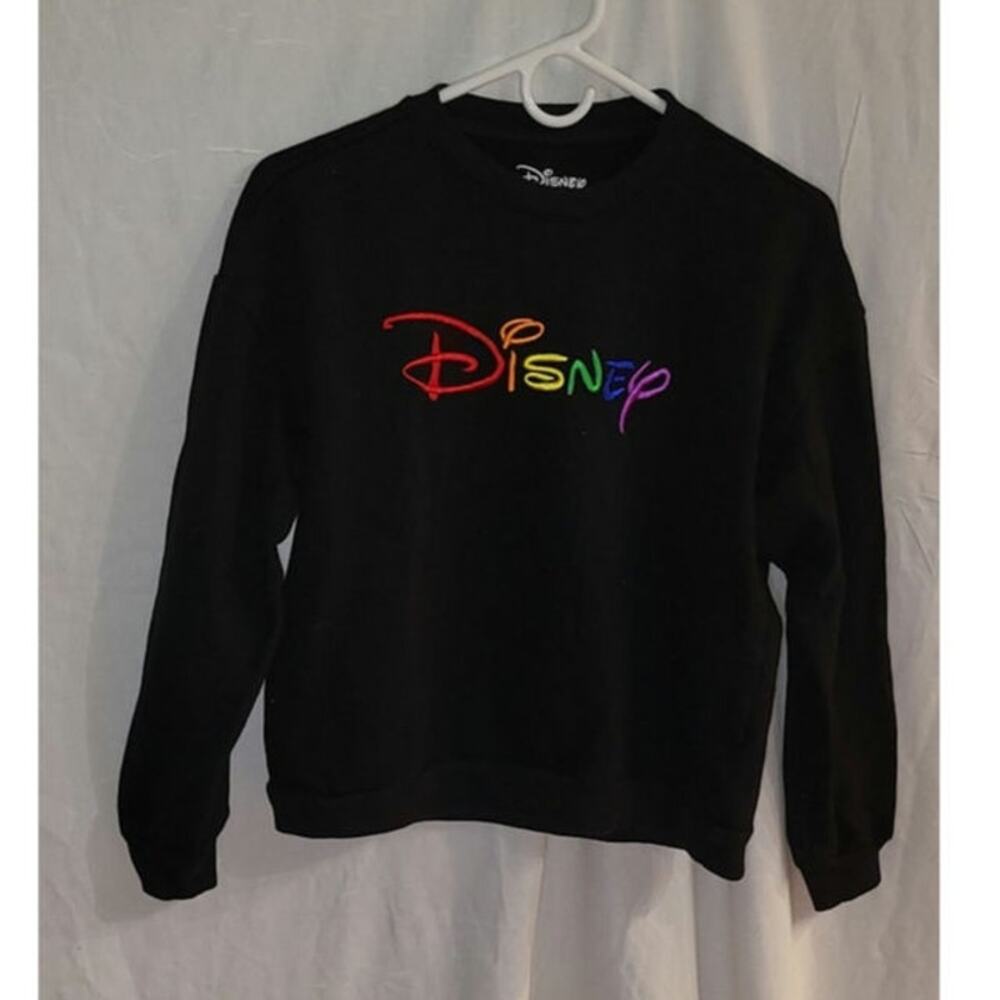 Disney Rainbow Embroidered Logo Crewneck Sweatshirt Black Size Small Long Sleeve